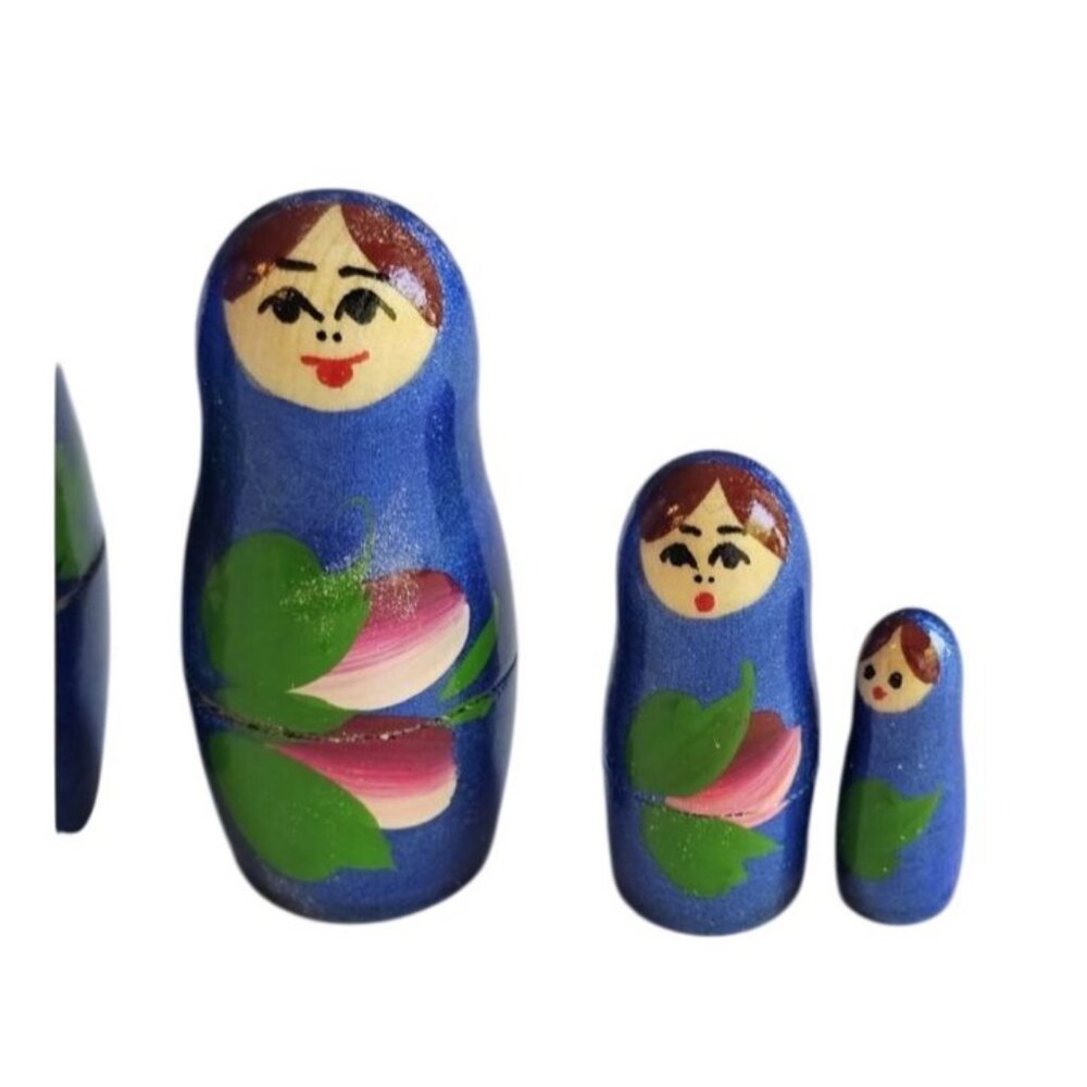 Russian Nesting Dolls Set of 5 Hand painted Blue Floral Woman Aprox 6" - Picture 4 of 7